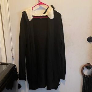 Black Cardigan with White Fleece Hoodie.